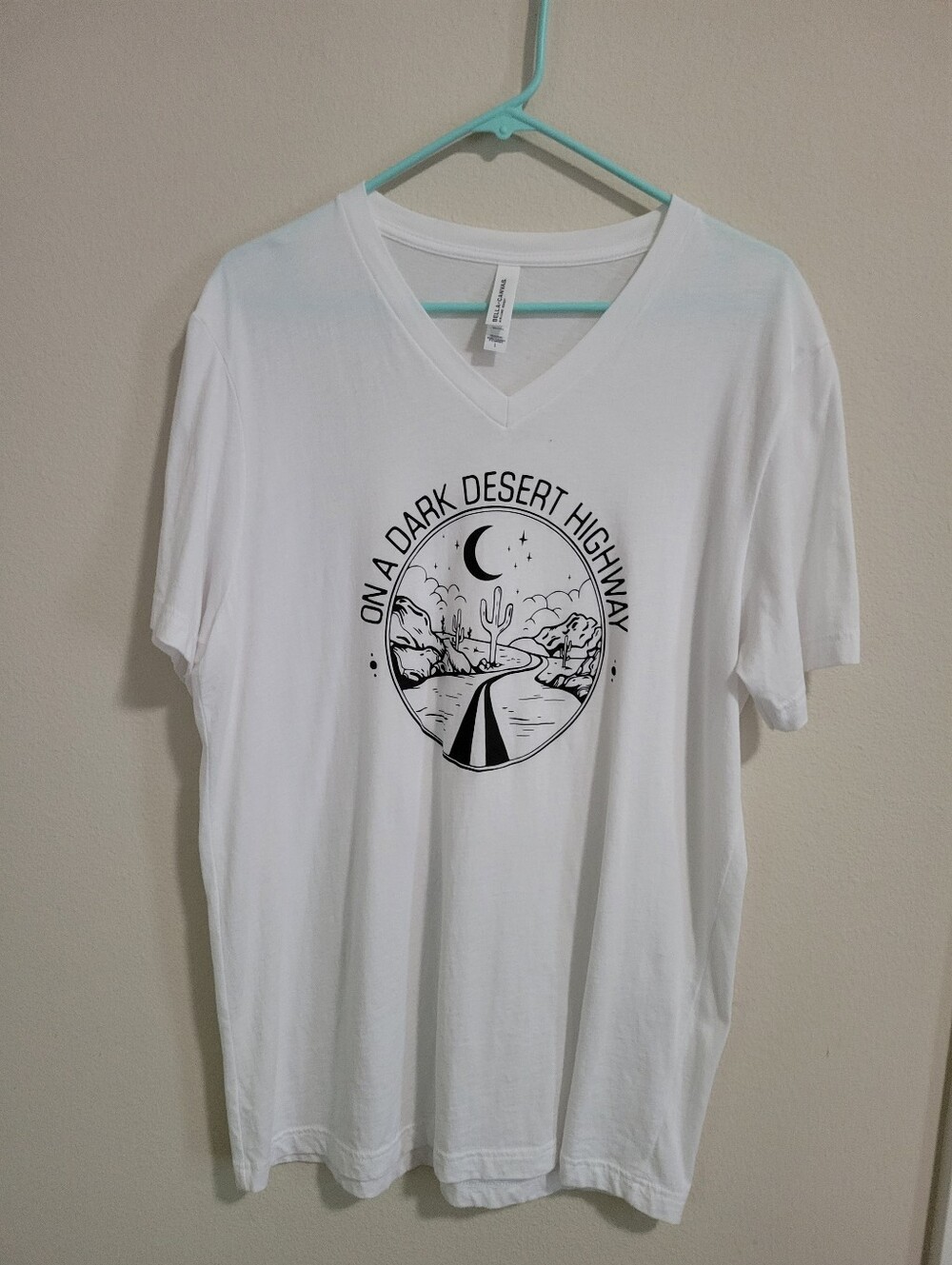 Bella Canvas White V-Neck Tee with Black Desert Highway Graphic